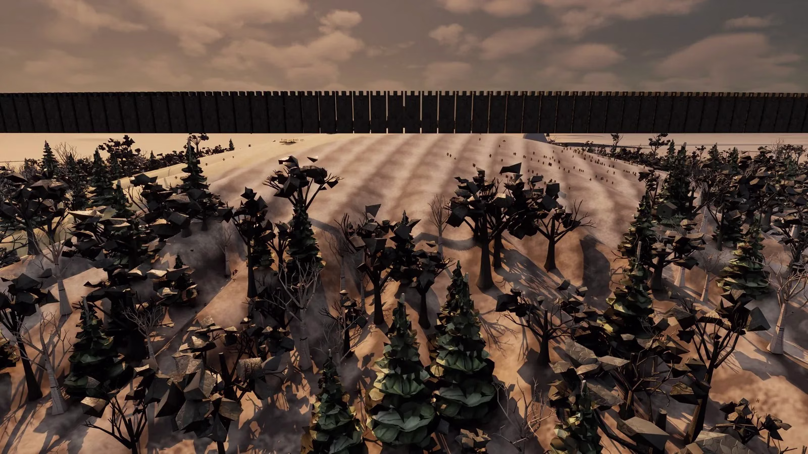 A raised view over pale sandy ground thick with dark low-poly trees, a bare slope dotted with tiny figures, and a long straight wall of dark planks across the far edge under a cloudy sky.