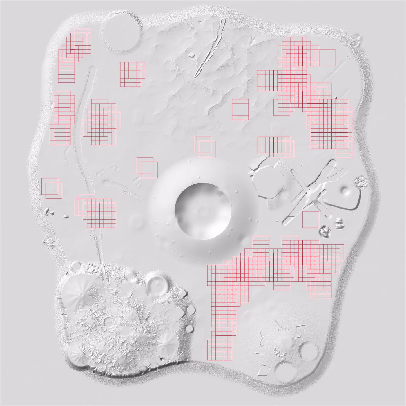 A pale grey relief map of the whole island with a large round crater in the middle and clusters of small red squares across much of it.