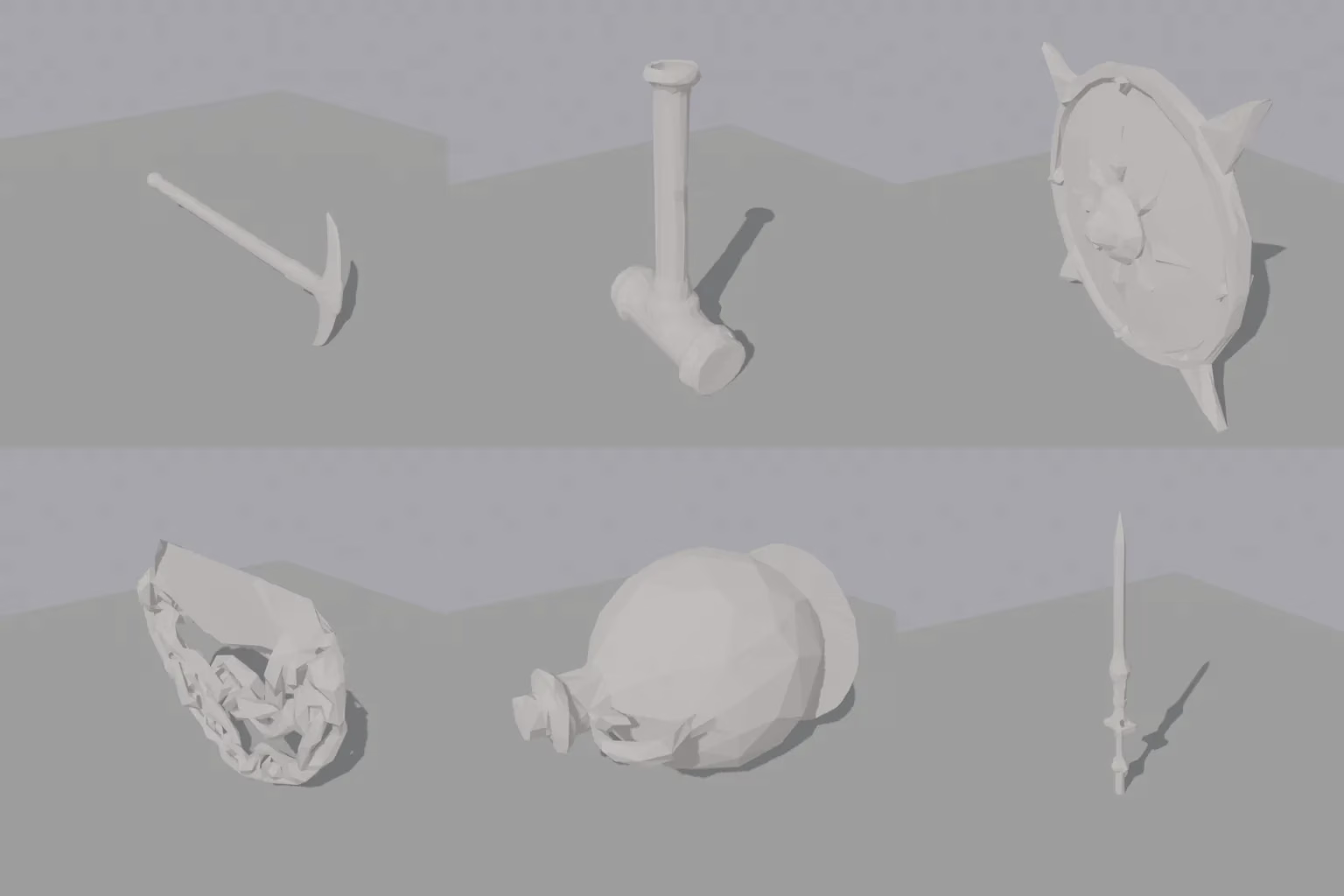 Six plain grey 3D models on a grey floor: a pickaxe, a hammer, a spiked round shield, a chain coif, a round flask and a long thin blade.