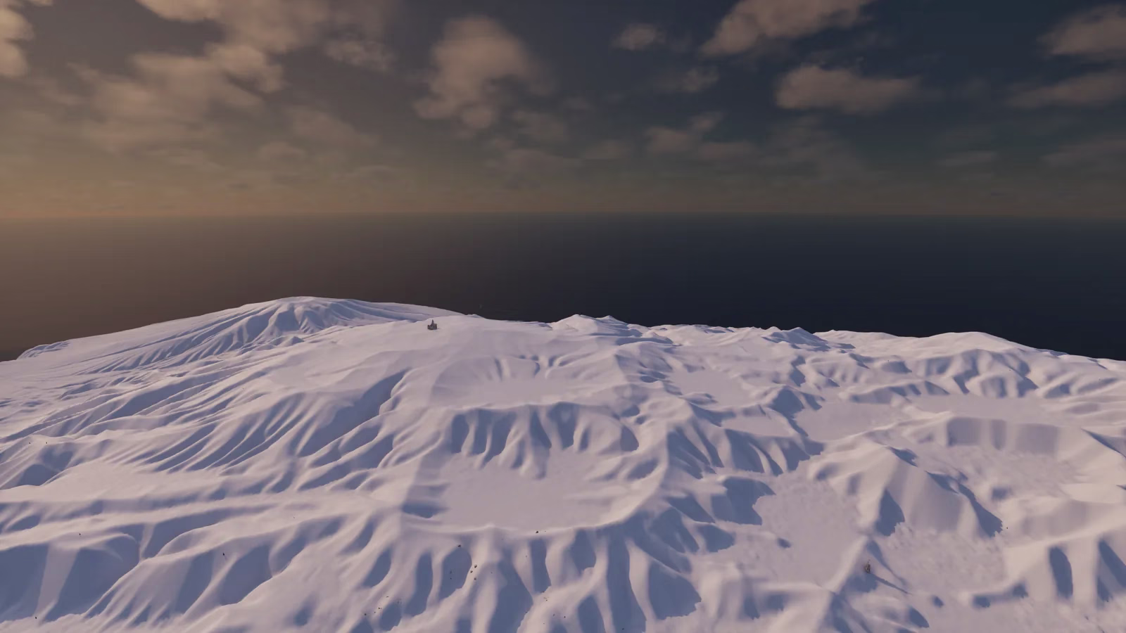 Rolling white hills ridged with shadow under a heavy sky, a tiny building on the crest, and a dark flat sea on the horizon.