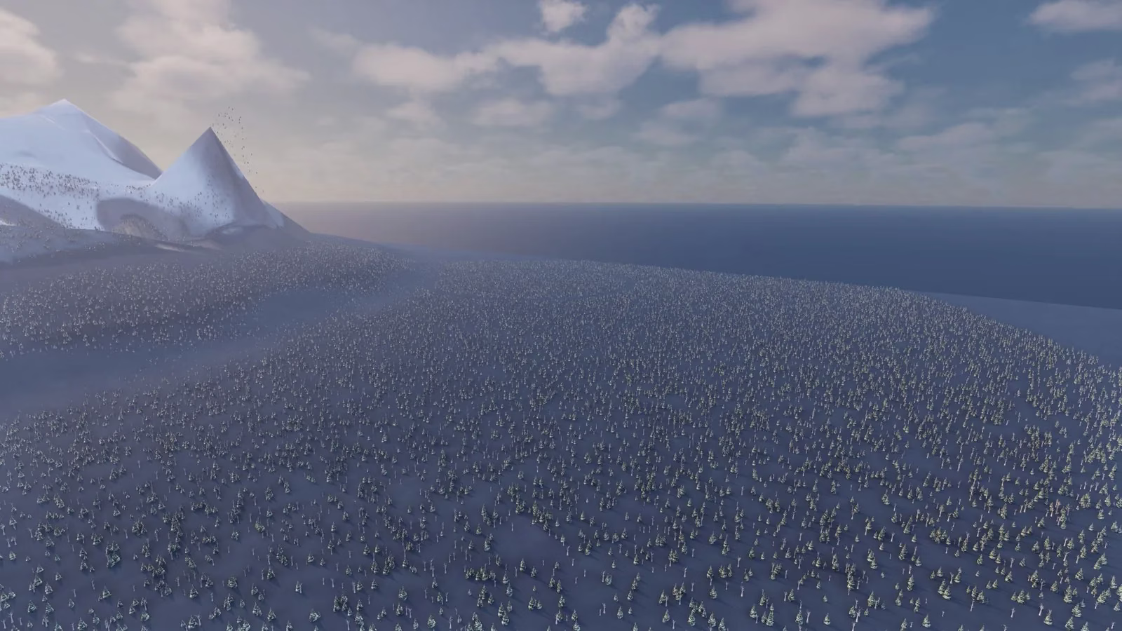 A raised view over a wide grey-blue slope covered in thousands of tiny trees running down to a dark blue sea, with two snowy peaks on the left.