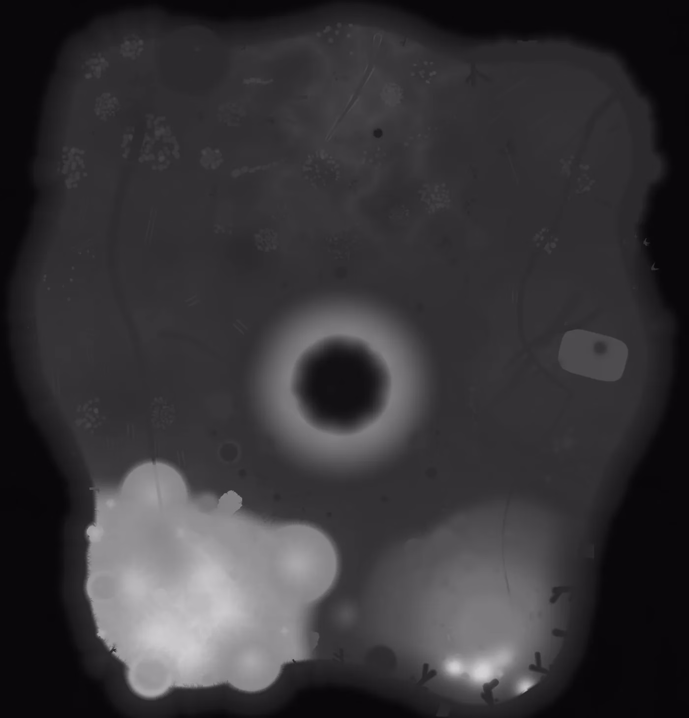 A grey height map of the whole world: black sea around a grey landmass, a deep black round crater with a bright rim in the middle, and bright high ground at the lower left.