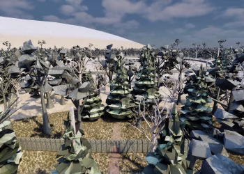 A raised view over a forest of grey low-poly trees with a wooden palisade and gate at the bottom, a town's rooftops in the middle distance, and a long pale dune under a cloudy sky.