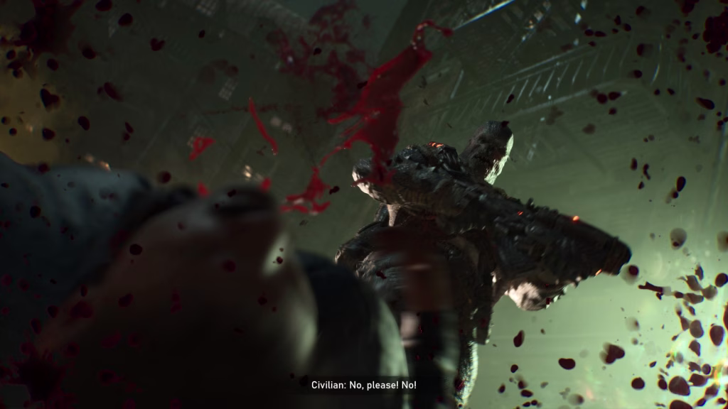 A Locust holding a rifle looms over a terrified civilian in a dark industrial space as blood sprays through the air. Subtitle reads "Civilian: No, please! No!"