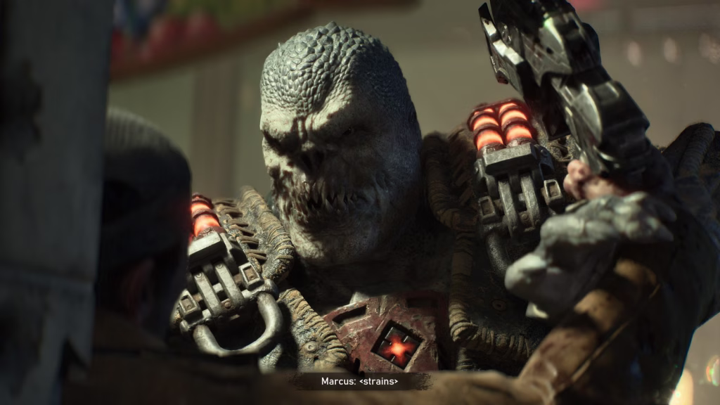 A scaly Locust snarls inches from the camera while Marcus Fenix struggles against it, glowing orange canisters strapped to the Locust's shoulders. Subtitle reads "Marcus: strains".