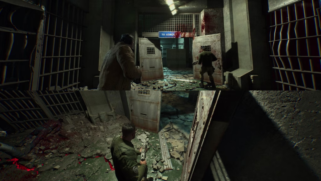 Horizontal split-screen of two soldiers in street clothes moving through a bloody jail cell block past open steel doors, a blood-smeared sign ahead pointing to the armory.