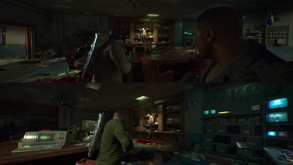 Horizontal split-screen of two soldiers in street clothes, rifles on their backs, searching a dark, wrecked police station office, papers and blood on the floor, a police badge and monitors on the back wall.