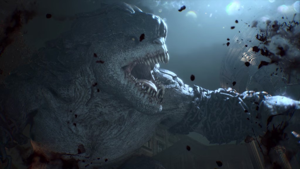Close-up of a huge reptilian Brumak roaring, jaws wide, its chain-wrapped forearm swinging past broken stone columns.