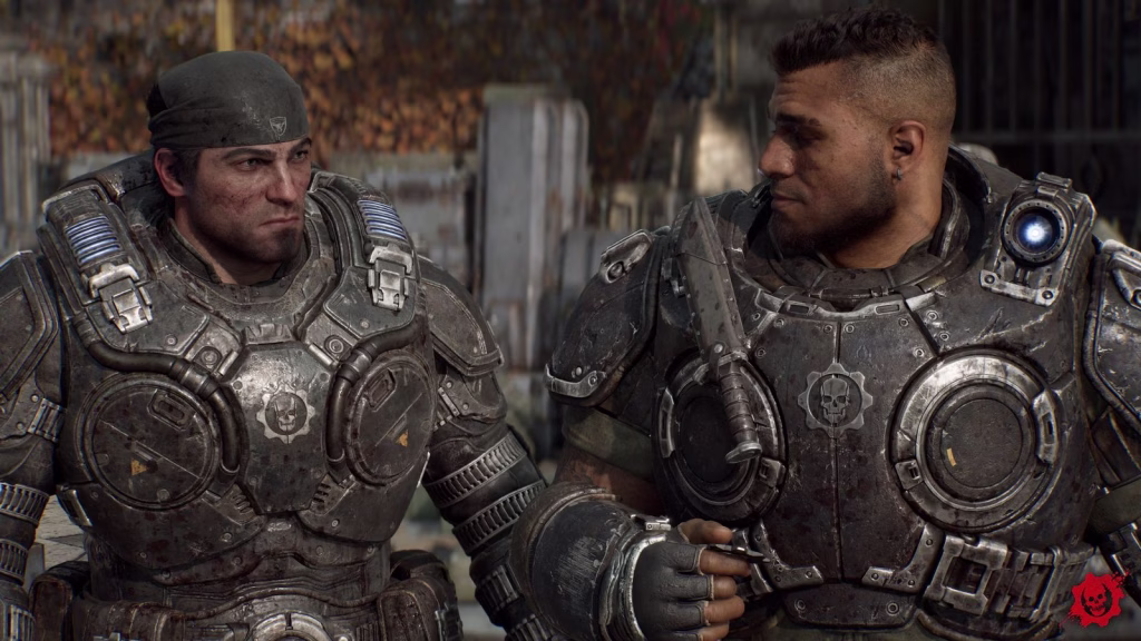Marcus Fenix in his bandana and Dom Santiago stand side by side in battered COG armor, Dom glancing over at Marcus.
