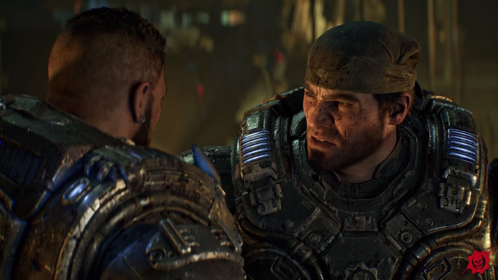 Marcus Fenix, grime on his face and bandana, mid-conversation with a squadmate seen from behind.