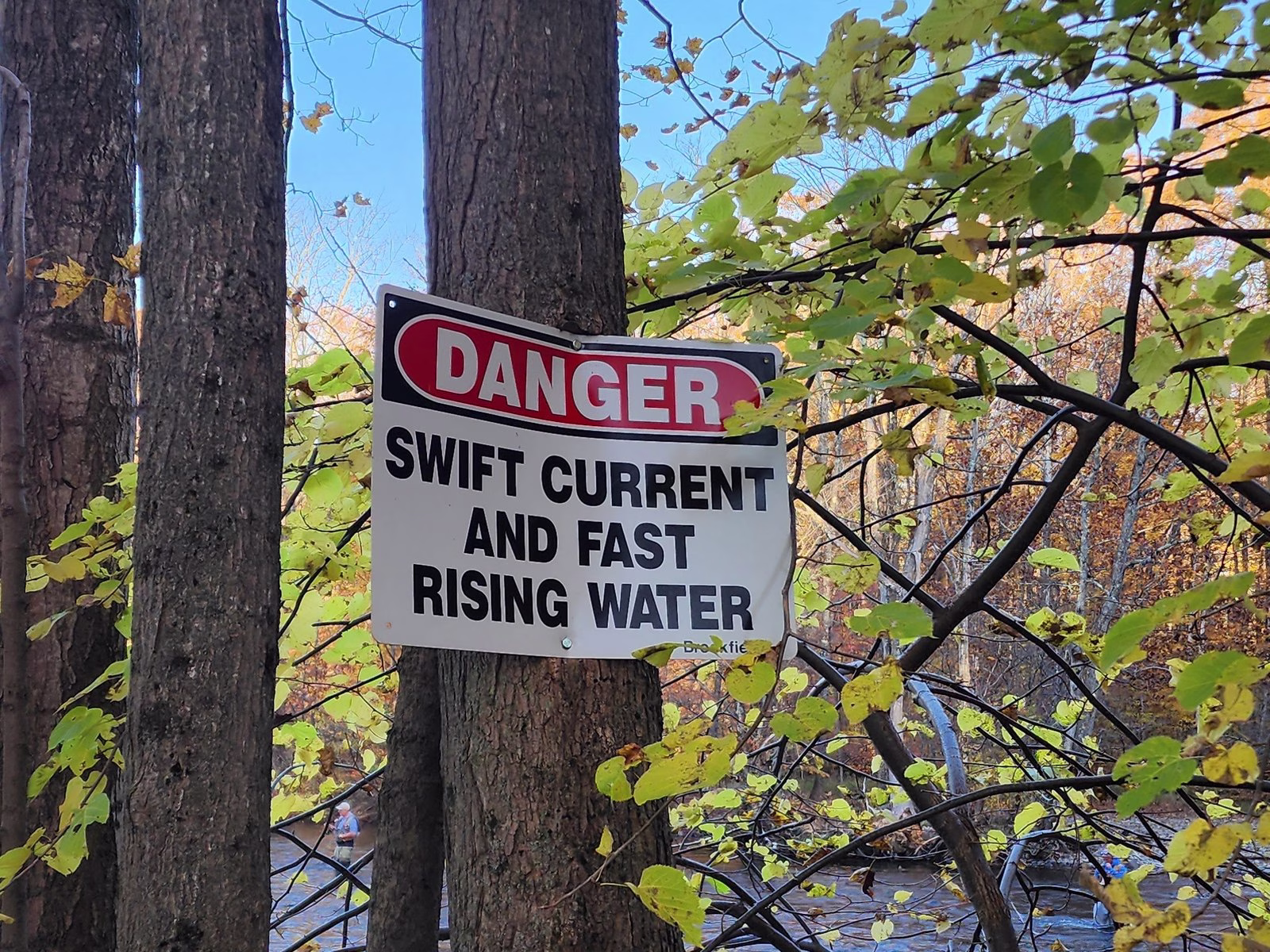 A red and white sign on a tree reading Danger, swift current and fast rising water, with the river behind it.