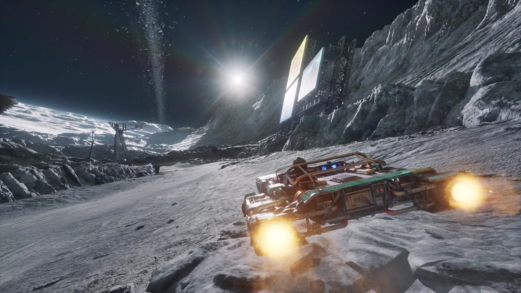 A rugged landspeeder races across a snowy grey moonscape under a starry sky and a bright sun.