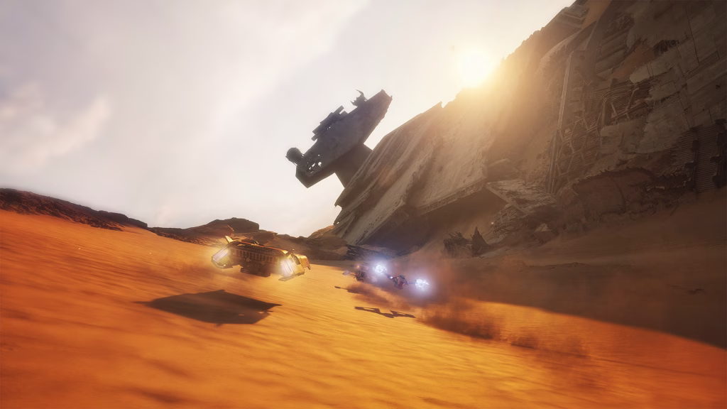 Two speeders kick up orange sand beside a towering rock formation as a ship flies overhead.