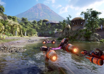 Three orange podracers skim over a jungle river toward a mountain and stone ruins.