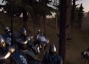Armored Dol Amroth knights on horseback with blue shields, forming up between pine trees on a hillside in evening light.