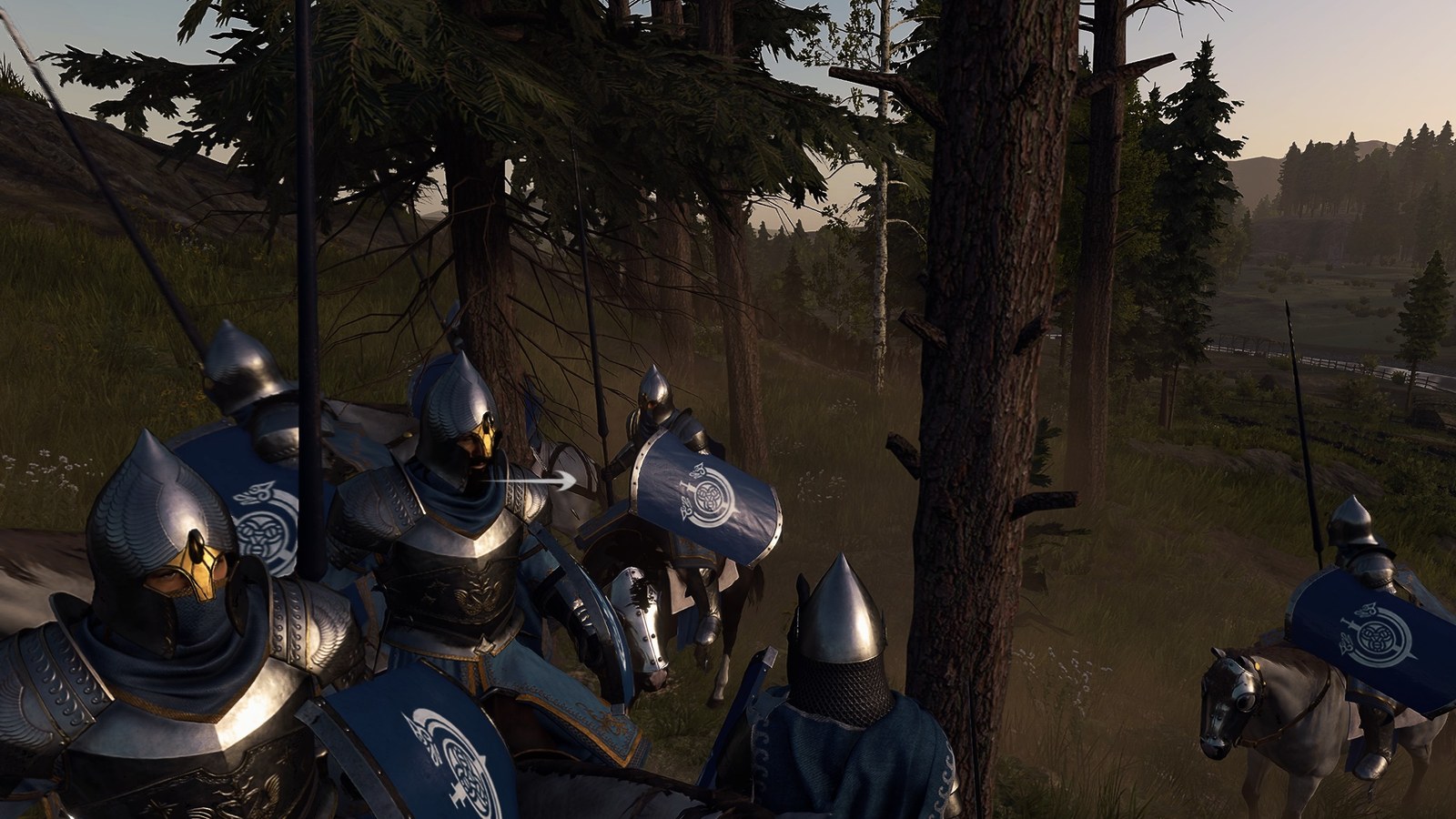 Armored Dol Amroth knights on horseback with blue shields, forming up between pine trees on a hillside in evening light.