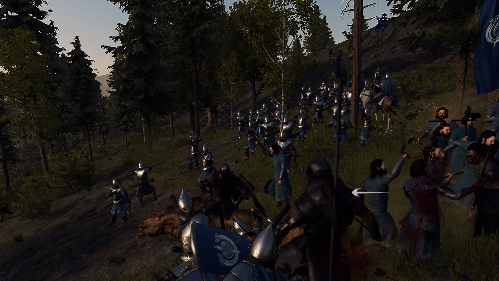 Gondor soldiers under blue banners clash with a crowd of Uruk-hai on a forested slope.