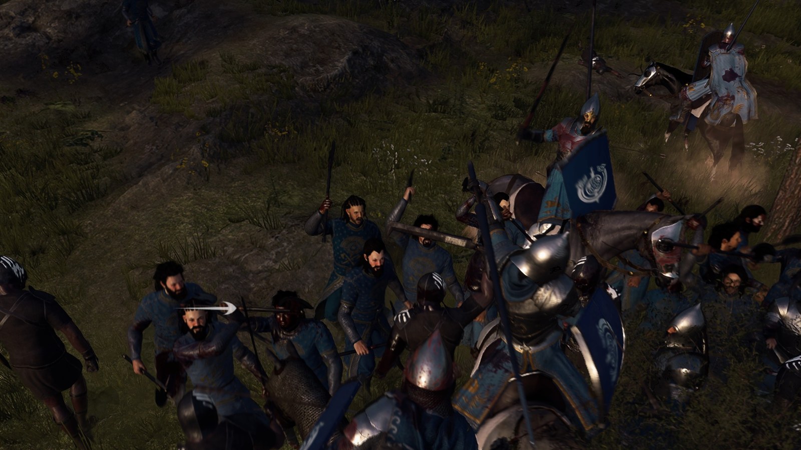 Uruk-hai scouts with axes and clubs swarm mounted Dol Amroth knights in a grassy clearing.