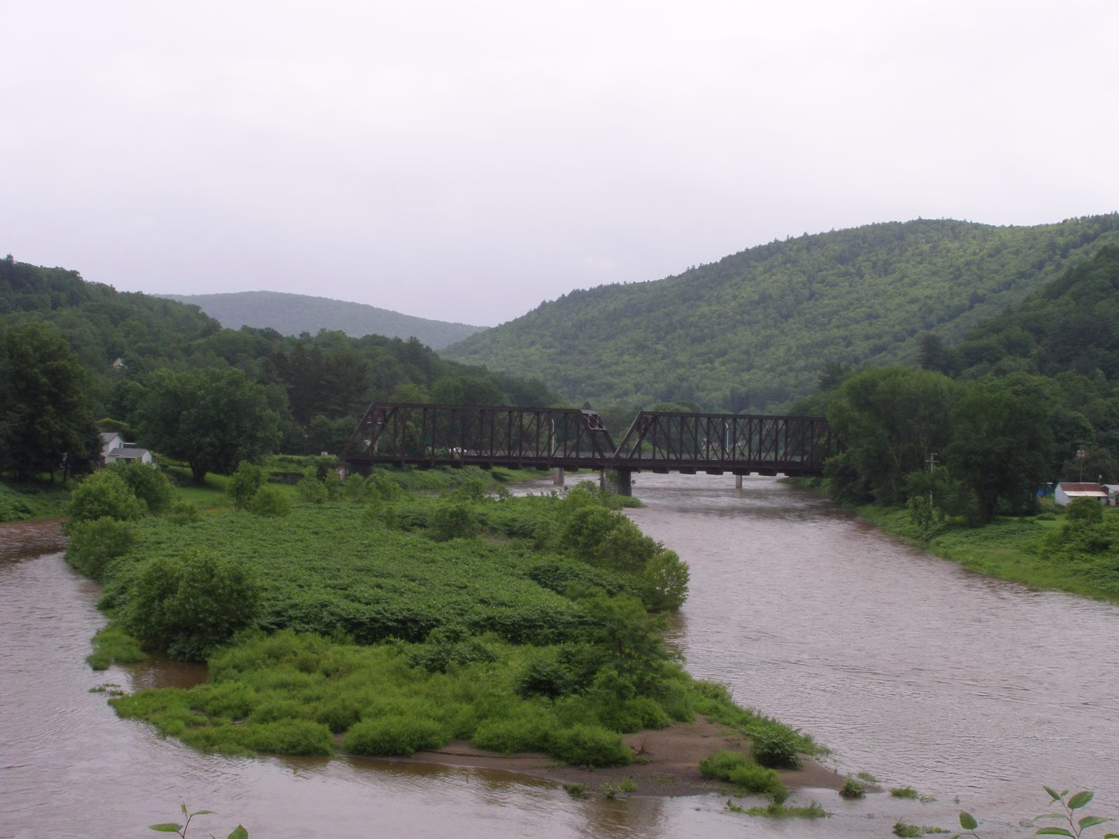 A river with a green gravel island and a dark steel railroad bridge, with wooded hills behind.